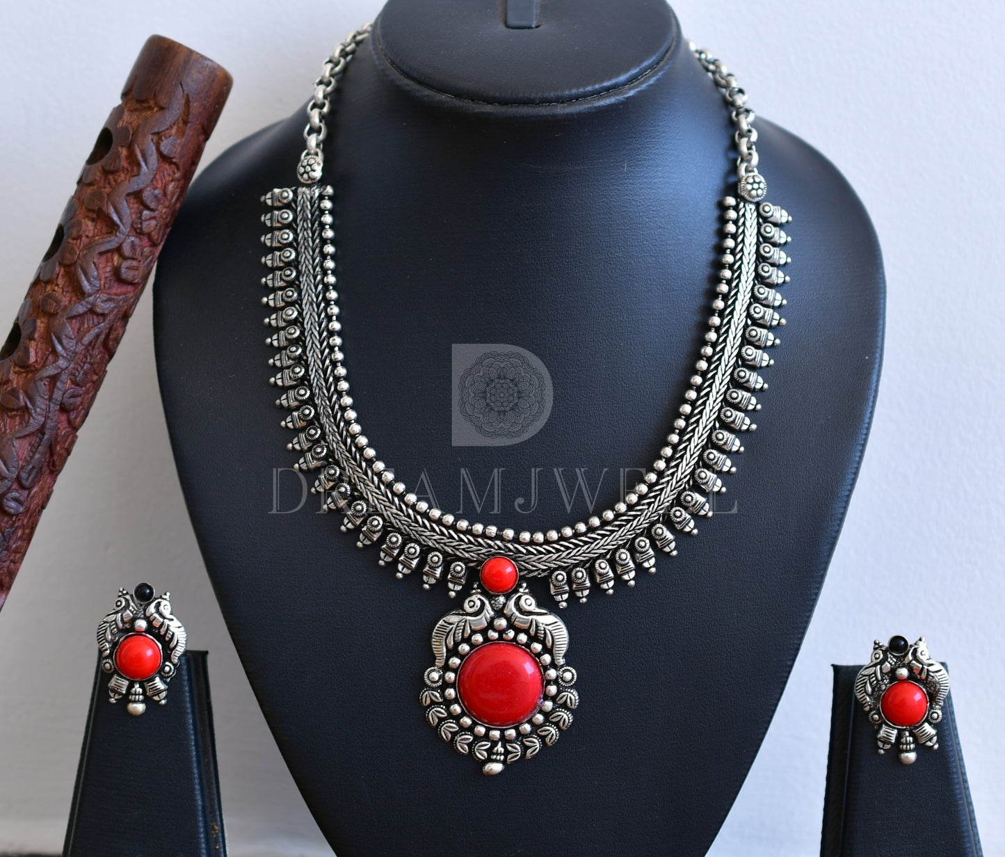 Silver tone coral stone peacock necklace set dj-35768