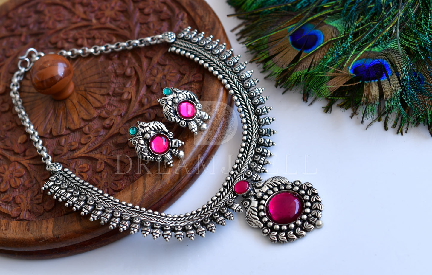 Silver tone Pink-green peacock necklace set dj-35767