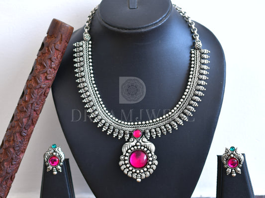 Silver tone Pink-green peacock necklace set dj-35767