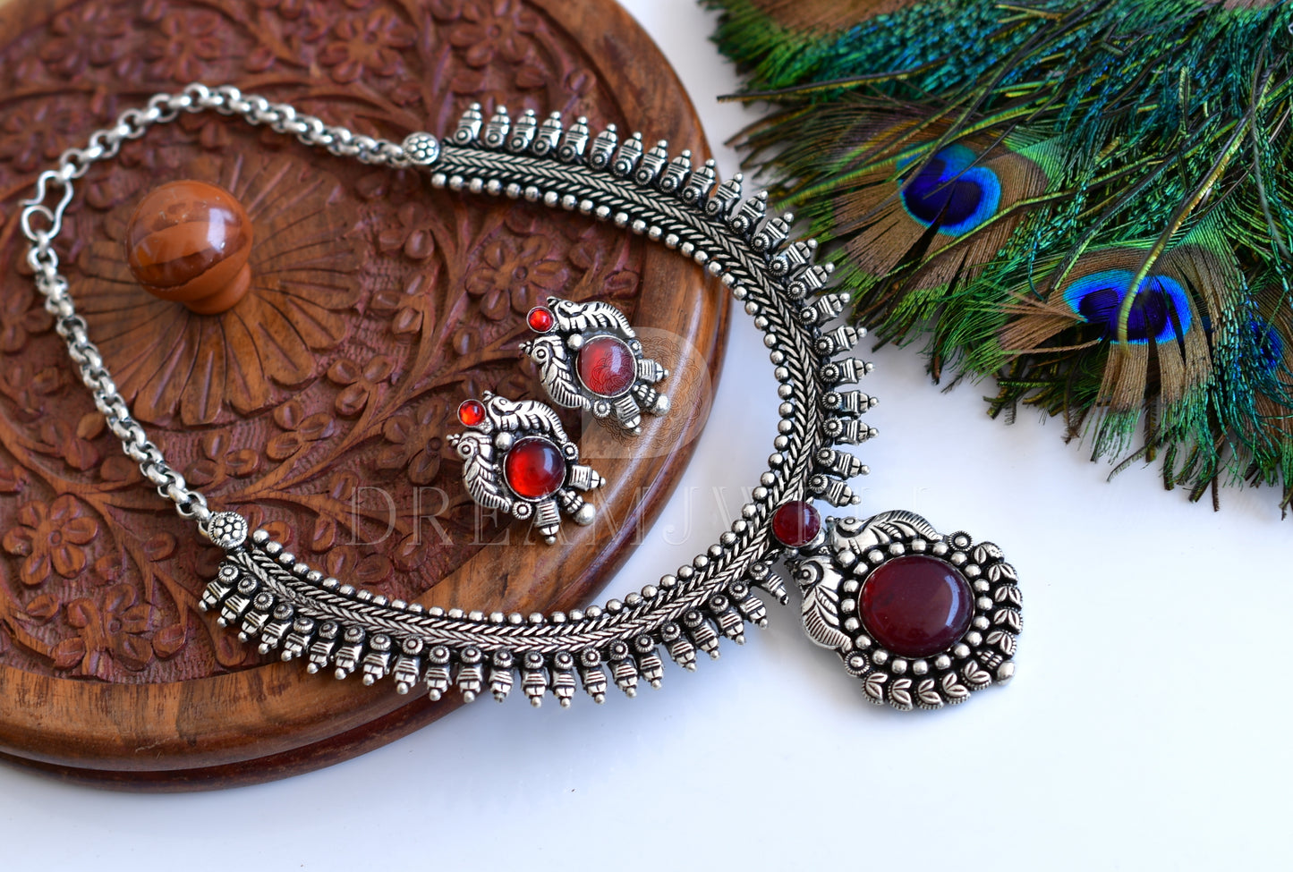 Silver tone Red peacock necklace set dj-35769