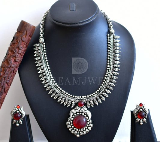 Silver tone Red peacock necklace set dj-35769