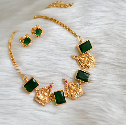 Gold tone pink-green big block stone Lakshmi necklace set dj-39661