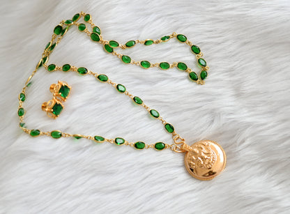 Gold tone green stone chain with Lakshmi round pendant set dj-39627