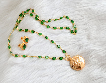 Gold tone green stone chain with Lakshmi round pendant set dj-39627
