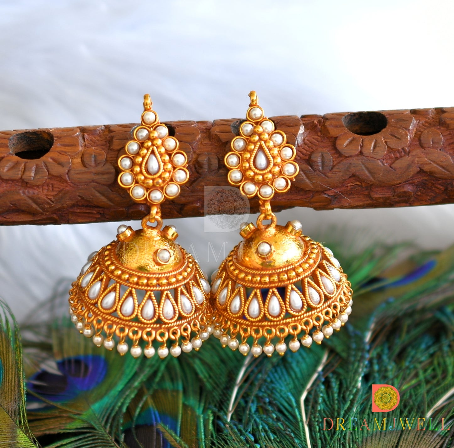 Antique gold tone pearl jhumkka dj-12084