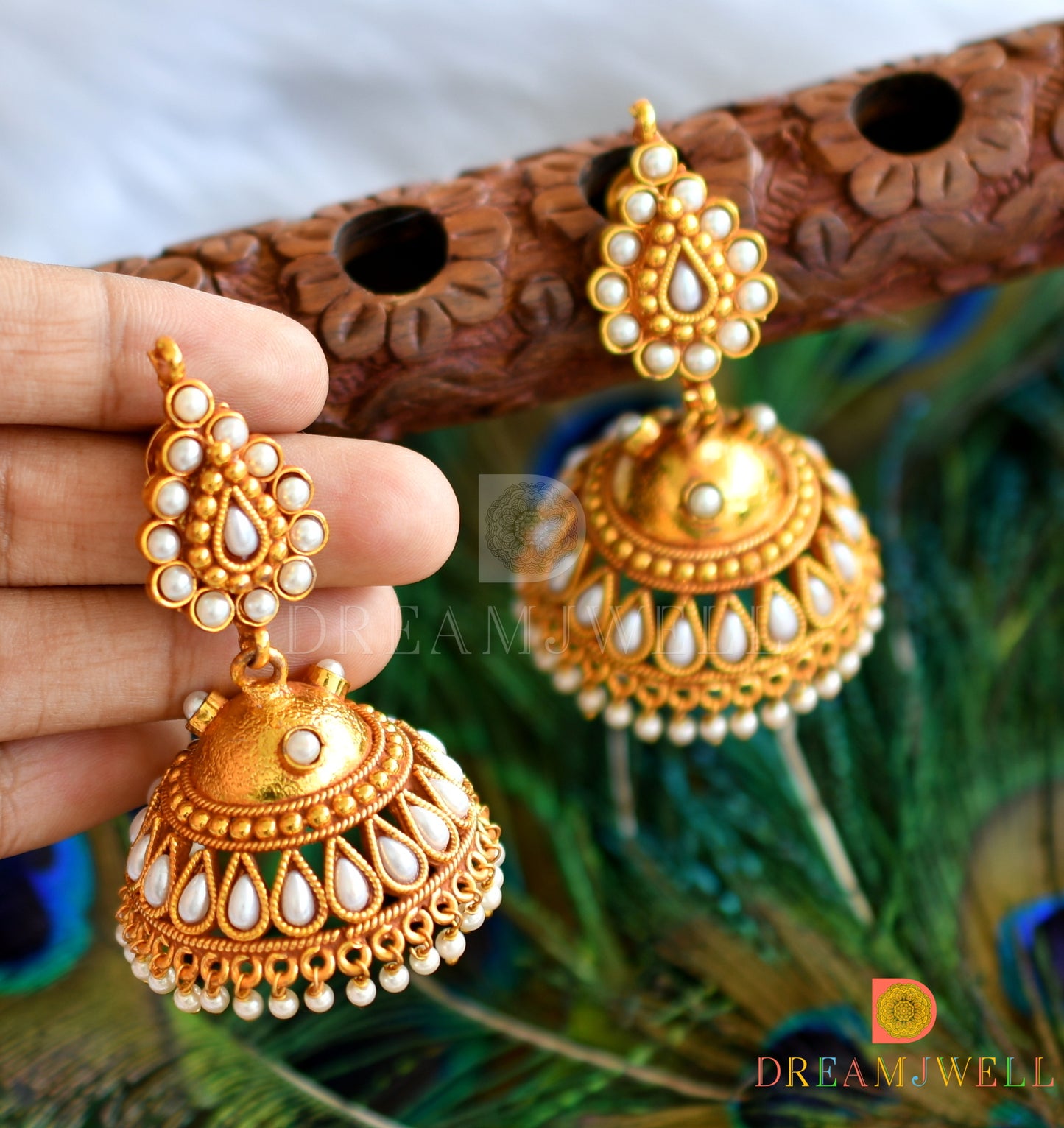 Antique gold tone pearl jhumkka dj-12084