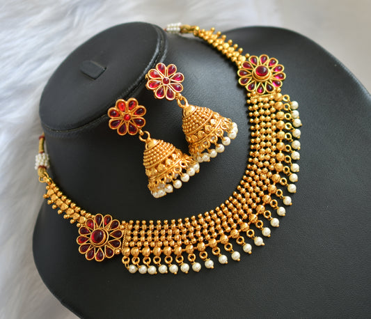 Antique gold flower kemp pearl necklace set dj-02043