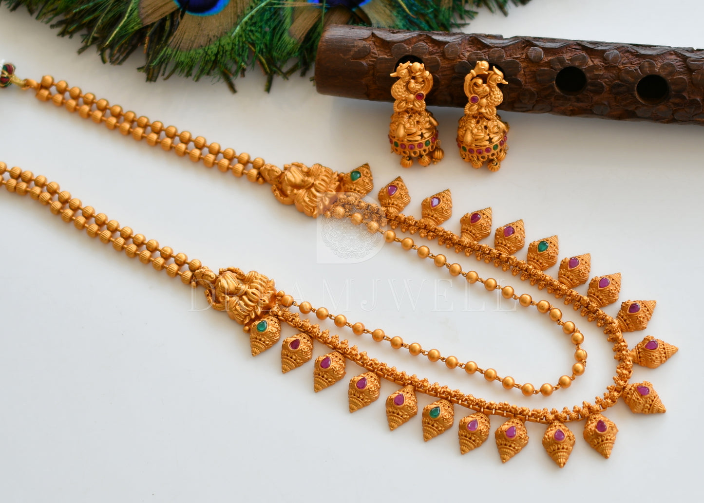 Matte finish ruby-emerald lakshmi mugappu multilayer haar set dj-14257