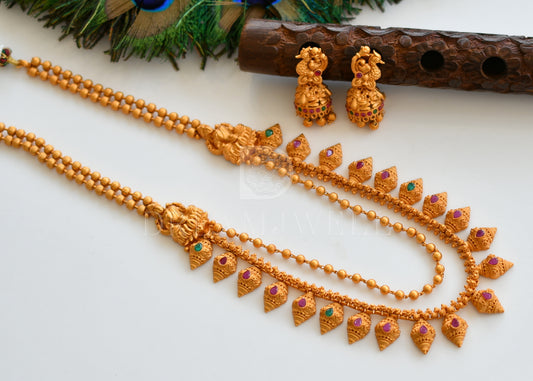 Matte finish ruby-emerald lakshmi mugappu multilayer haar set dj-14257