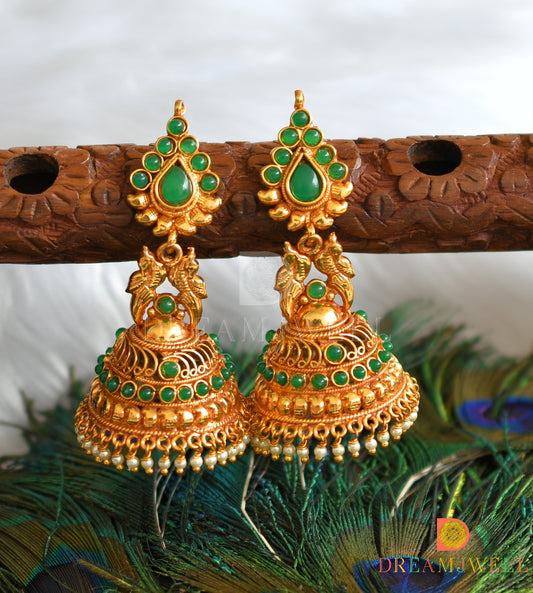 Antique gold tone green peacock jhumkka dj-11624