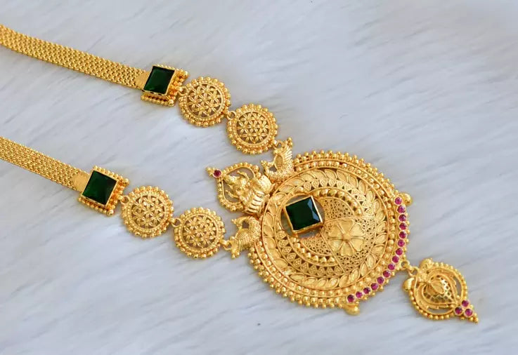 Gold tone pink-green block stone Lakshmi Kerala style haar dj-40297