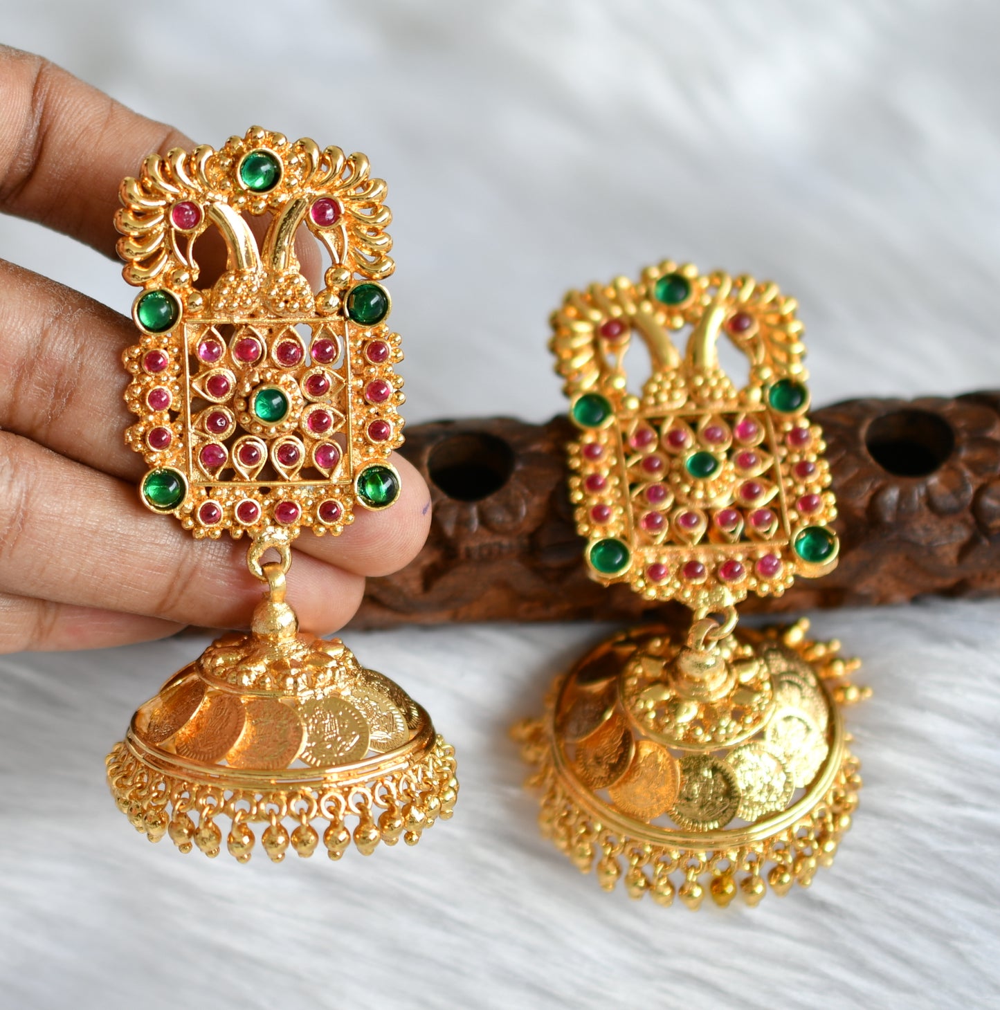 Gold replica real kemp-green peacock Lakshmi coin Jhumkka dj-26738