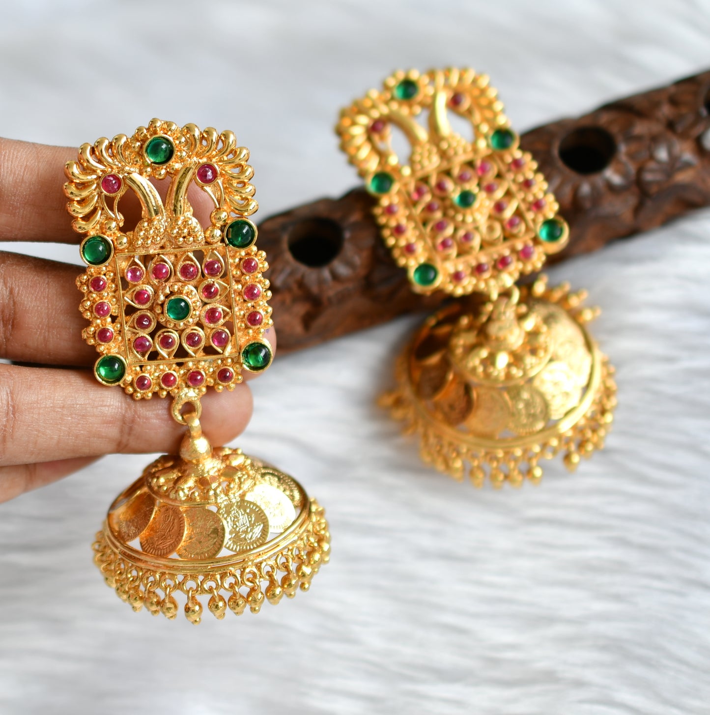 Gold replica real kemp-green peacock Lakshmi coin Jhumkka dj-26738