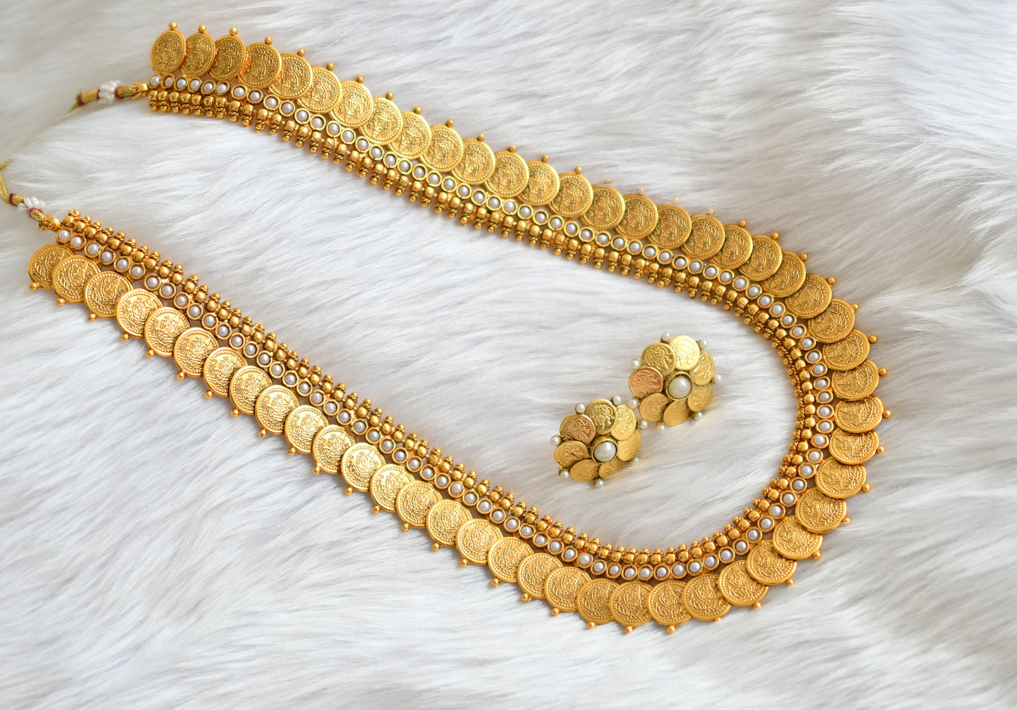 Antique gold tone pearl Lakshmi coin haar set dj-39640