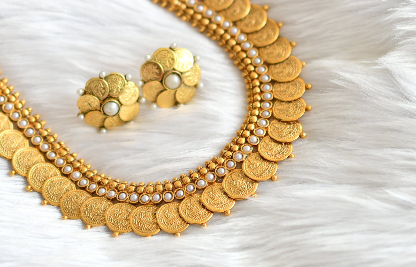 Antique gold tone pearl Lakshmi coin haar set dj-39640