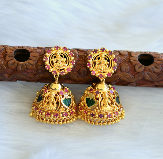 Gold tone pink-green palakka 3 petal Lakshmi Kerala style jhumkka dj-40303