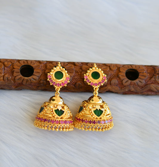 Gold tone pink-green palakka round Kerala style 4 petal jhumkka dj-40304