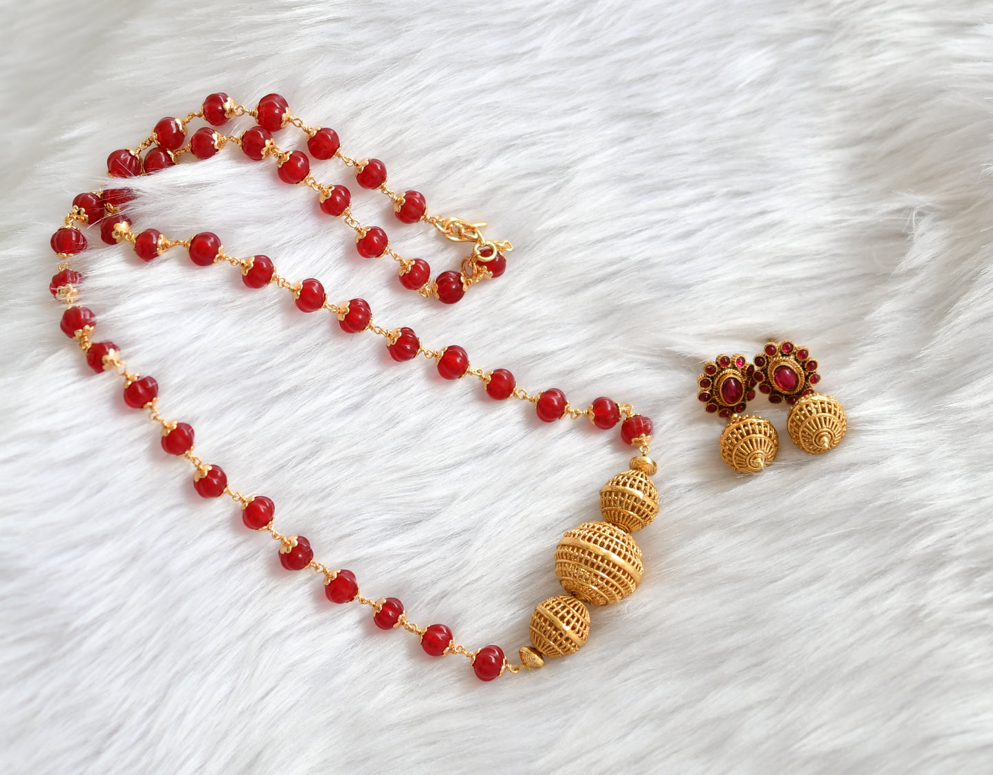 Antique gold tone red beads necklace set dj-39621