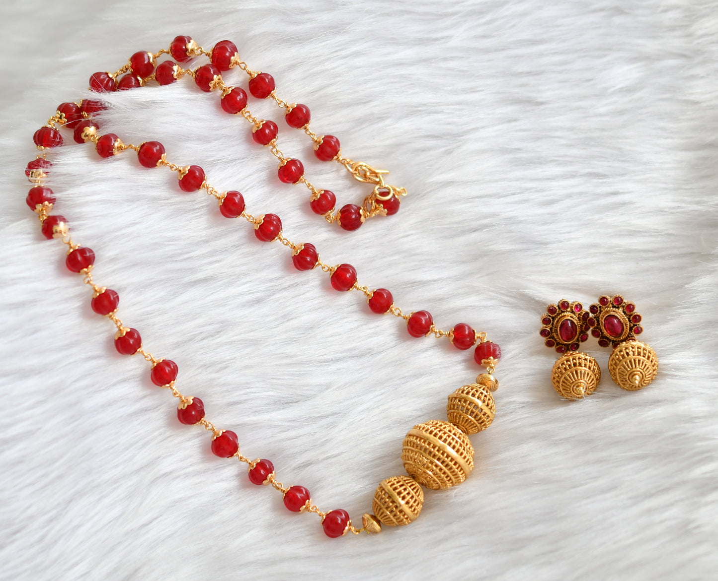 Antique gold tone red beads necklace set dj-39621