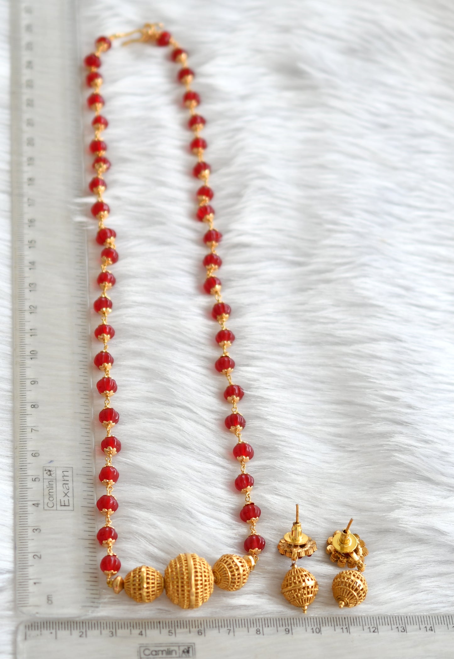 Antique gold tone red beads necklace set dj-39621