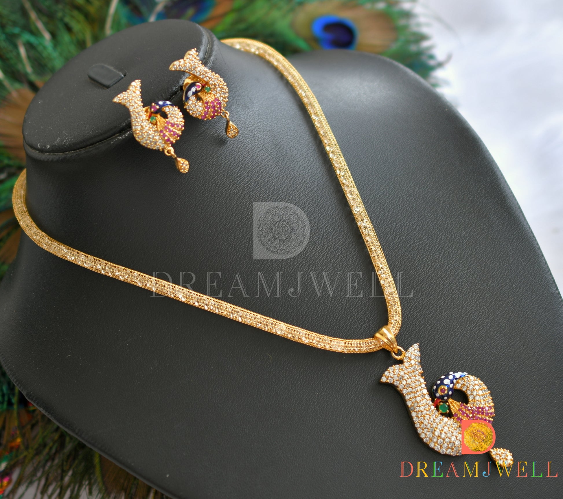 Gold Tone cz-ruby meenakari peacock necklace set dj-06038