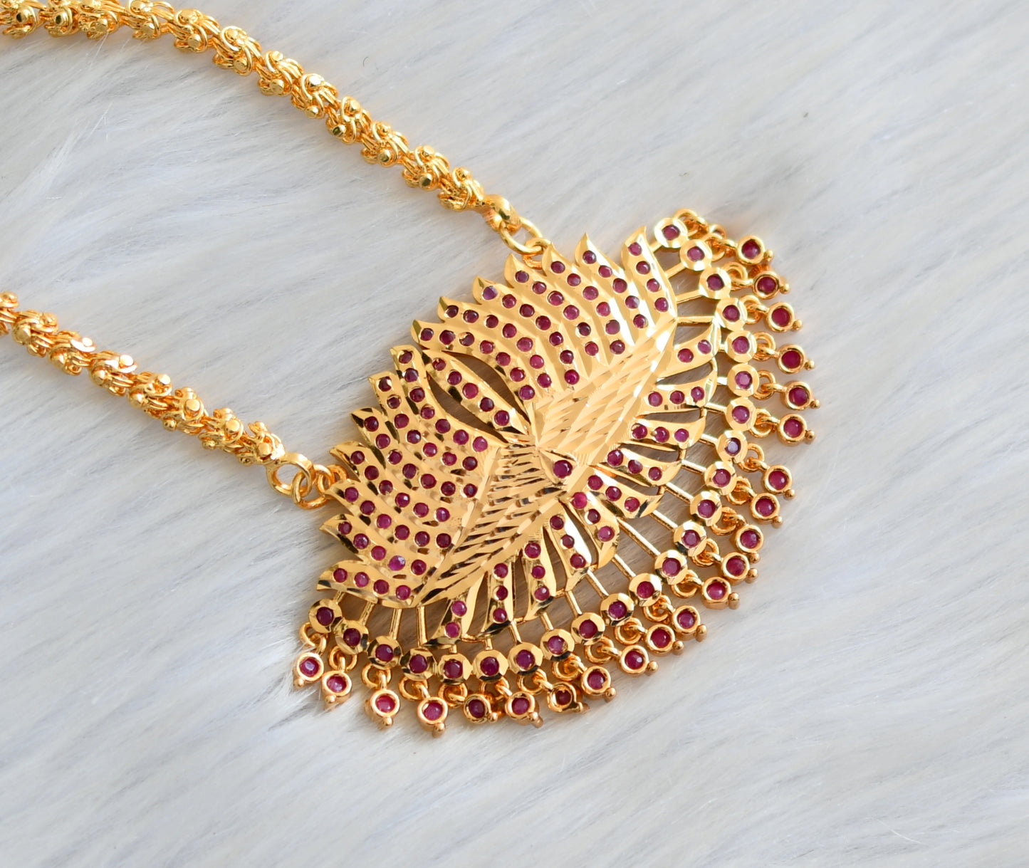 Gold tone ruby stone Lotus south Indian pendant with chain dj-41642