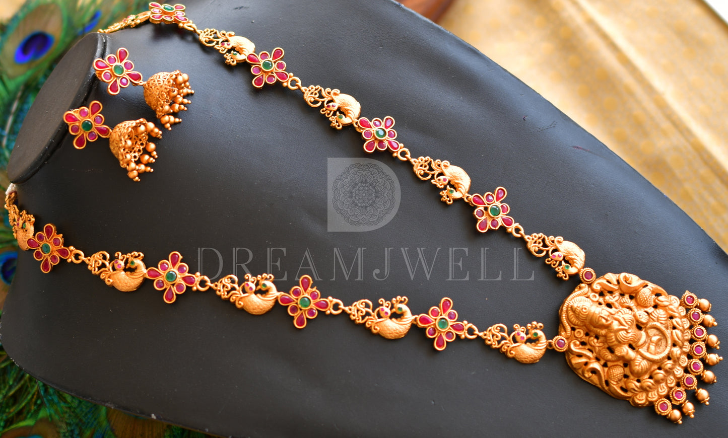 Matte Finish Ruby-emerald Lakshmi Haar Set dj-15331