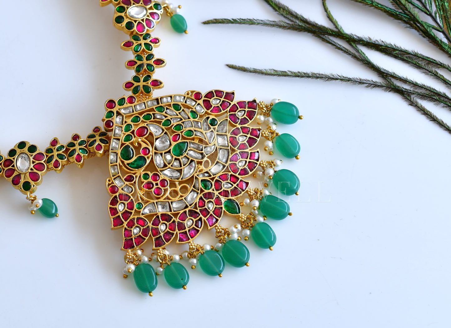 Gold tone Red-green-white kundan jadau peacock-mango necklace dj-35835