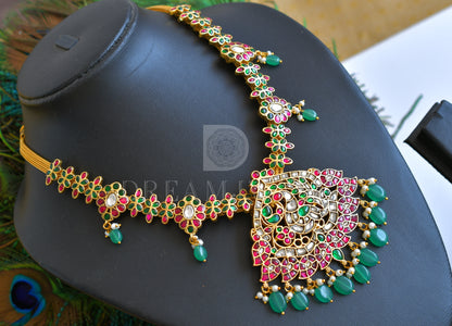 Gold tone Red-green-white kundan jadau peacock-mango necklace dj-35835