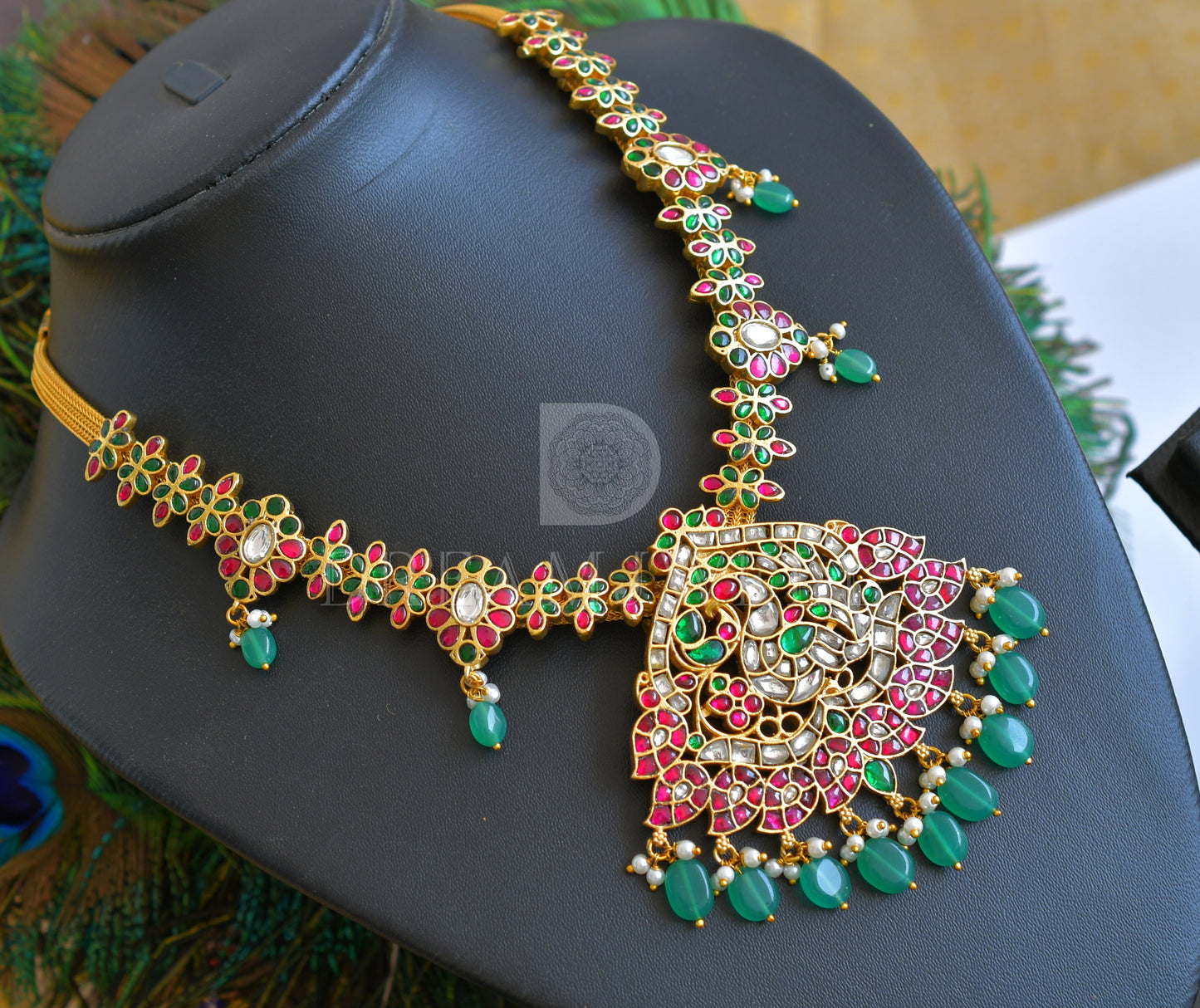 Gold tone Red-green-white kundan jadau peacock-mango necklace dj-35835