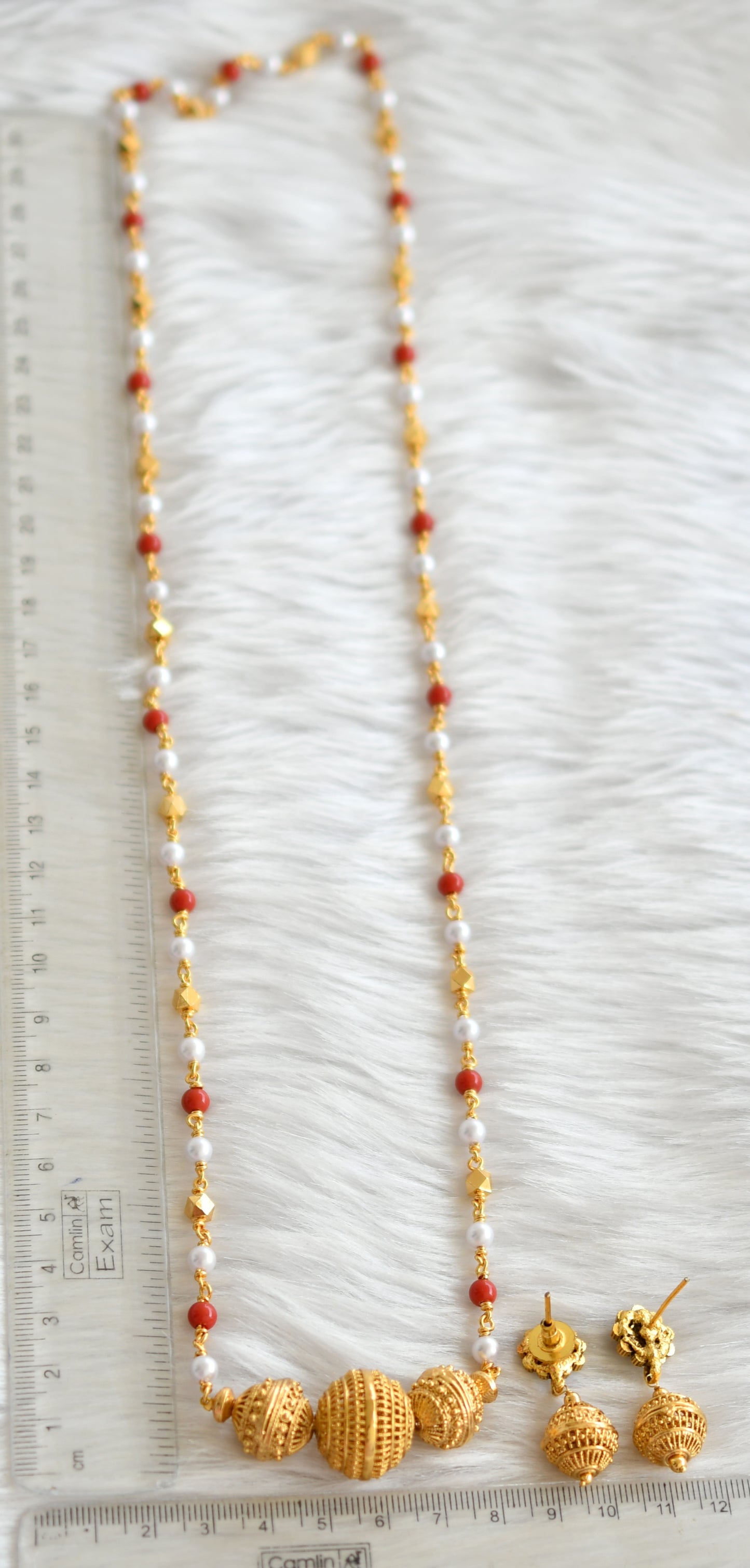 Antique gold tone pearl-coral beads chain haar set dj-39623