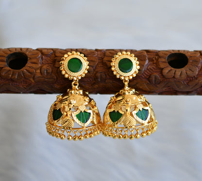 Gold tone green palakka round Kerala style 5 petal jhumkka dj-40307