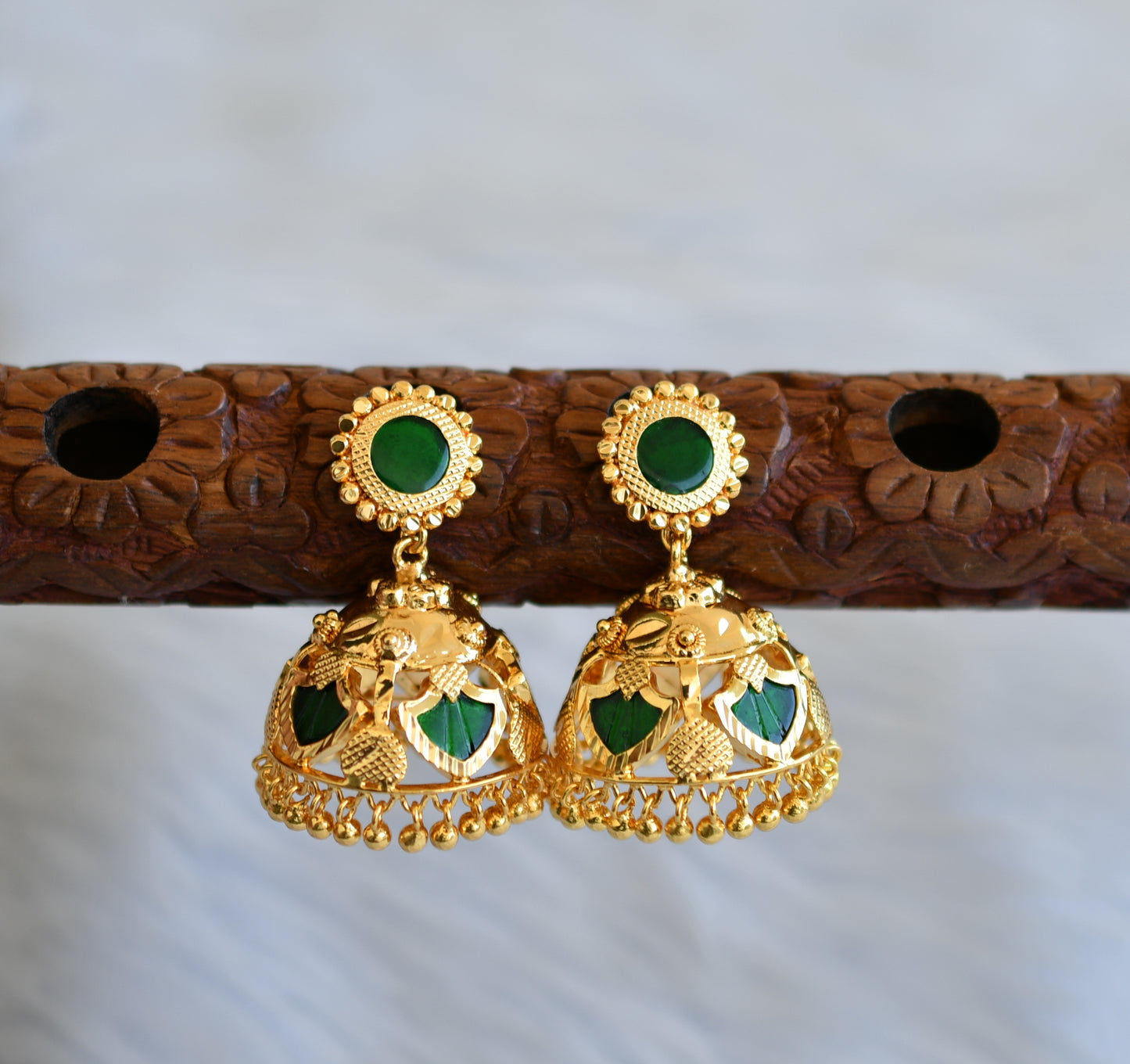 Gold tone green palakka round Kerala style 5 petal jhumkka dj-40307