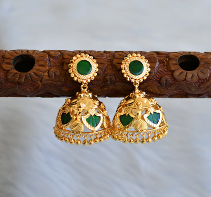 Gold tone green palakka round Kerala style 5 petal jhumkka dj-40307