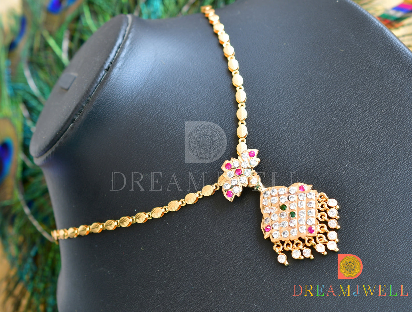 Gold tone pink-green-white south Indian style Necklace dj-36530