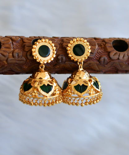 Gold tone green palakka Kerala style 5 petal jhumkka dj-40308