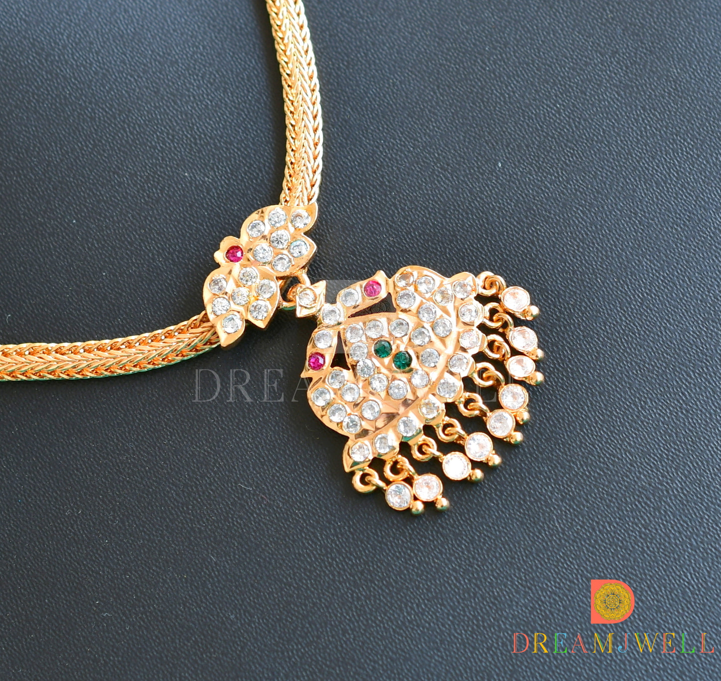 Gold tone pink-white-green stone south Indian style necklace dj-36529