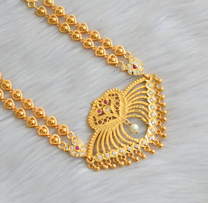 Gold tone ruby-white stone peacock pendant south Indian style short haar dj-41655