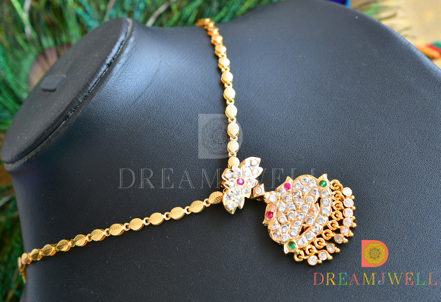 Gold tone white-pink-green south Indian style Necklace dj-36531