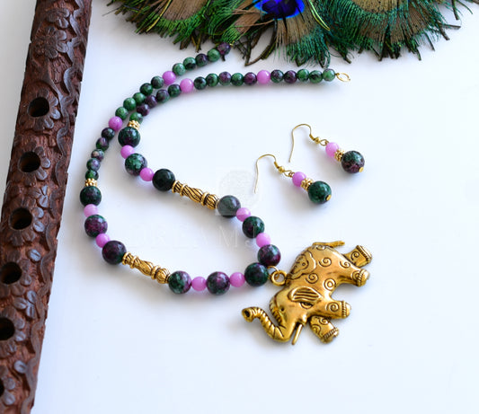 Antique Elephant pink-green agates necklace set dj-35854