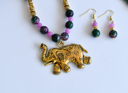 Antique Elephant pink-green agates necklace set dj-35854