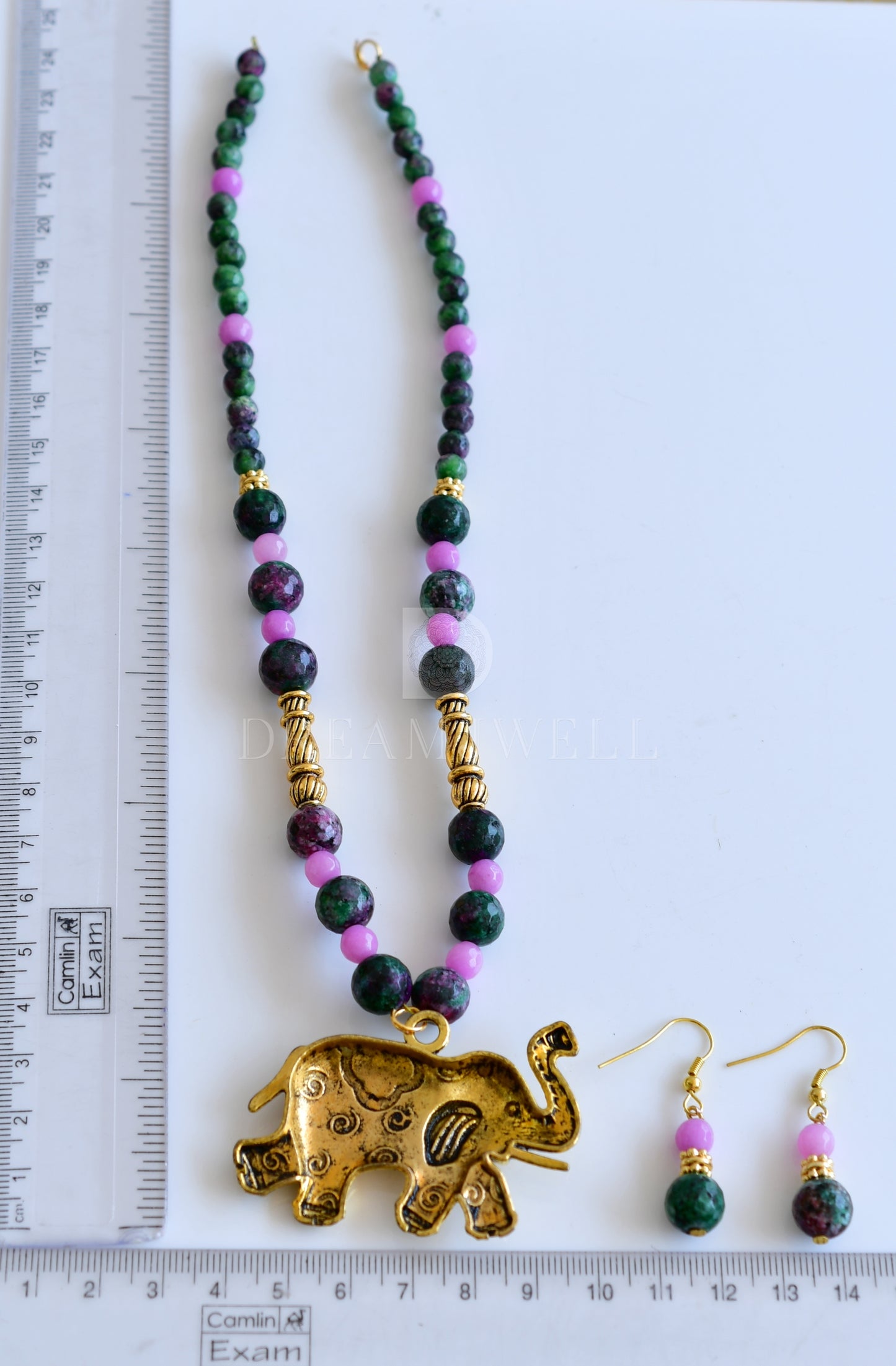 Antique Elephant pink-green agates necklace set dj-35854