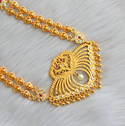 Gold tone ruby-white-green stone peacock pendant south Indian style short haar dj-41656
