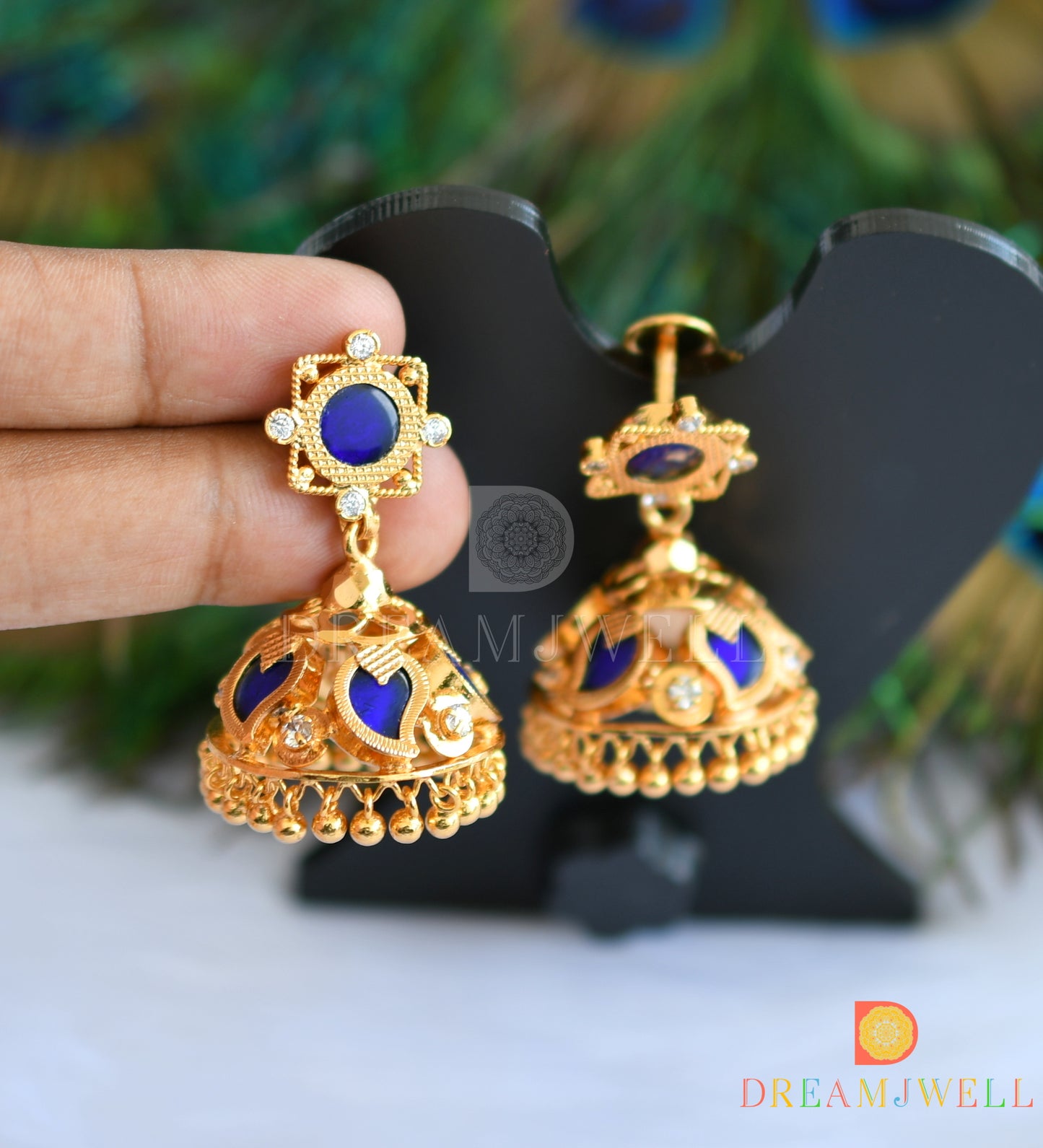 Gold tone mango blue 5 petal Kerala style jhumkka dj-38049