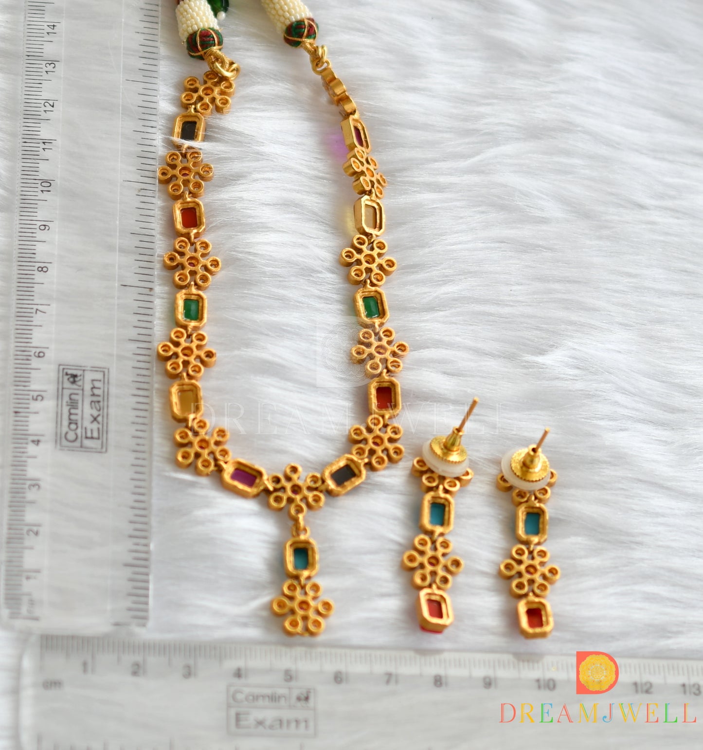 Matte finish navarathna flower necklace set dj-32032