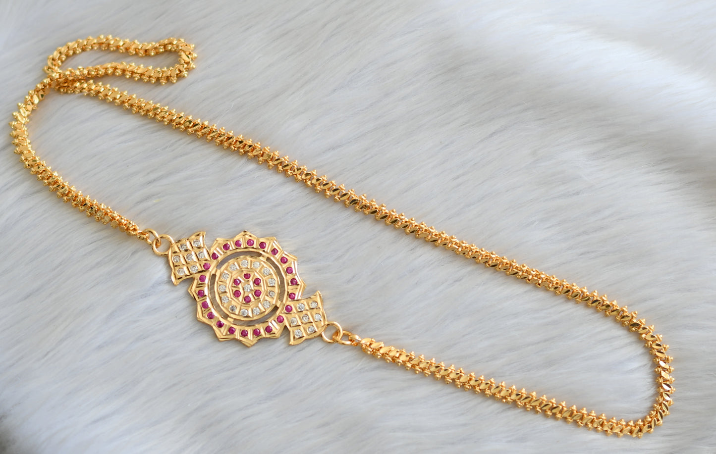 Gold tone ruby-white stone south Indian style mugappu chain dj-41652