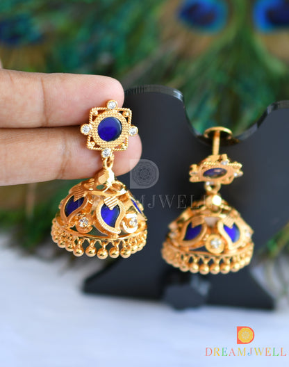 Gold tone mango blue 5 petal Kerala style jhumkka dj-38049