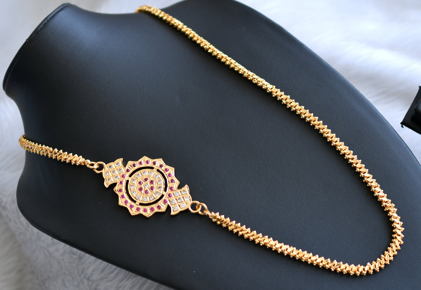 Gold tone ruby-white stone south Indian style mugappu chain dj-41652