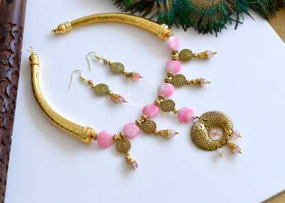 Handmade Antique Charms Pink Coin Faceted Beads Necklace Set d-j11963