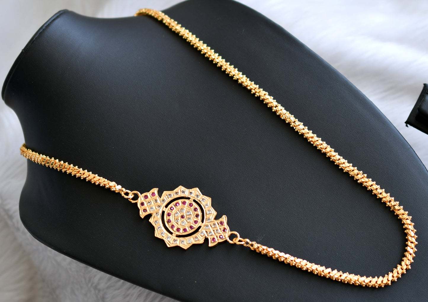 Gold tone ruby-white stone south Indian style mugappu chain dj-41654